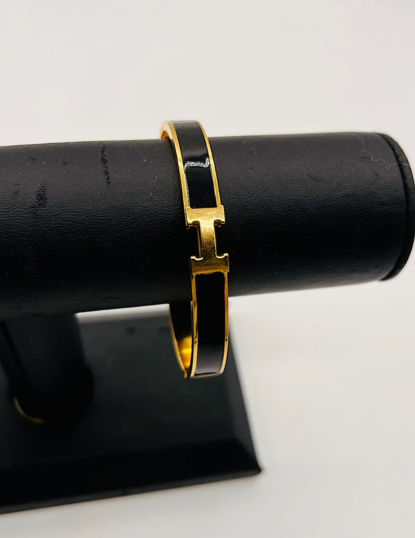 Small Black Enamel H Hinged Bracelet - Jolie Femme Boutique