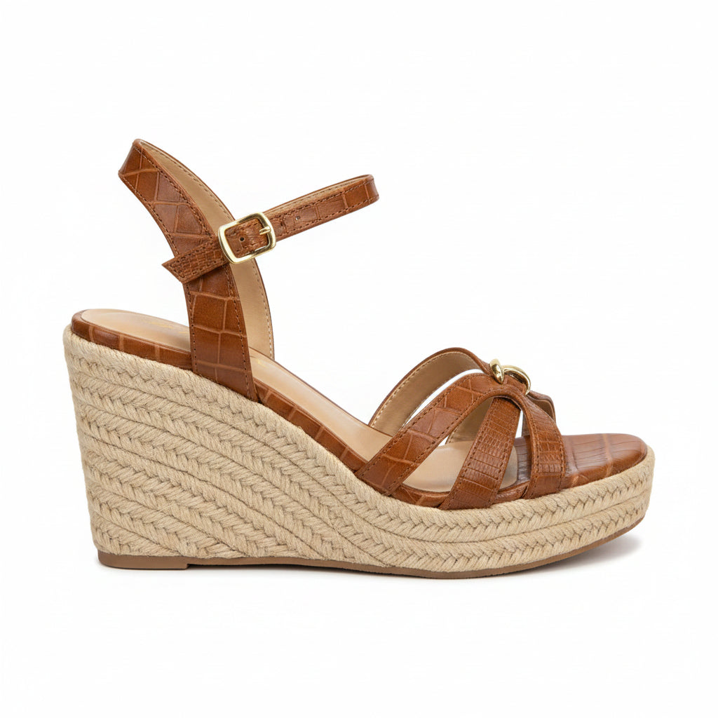 Brown Faux Leather Espadrille Wedge