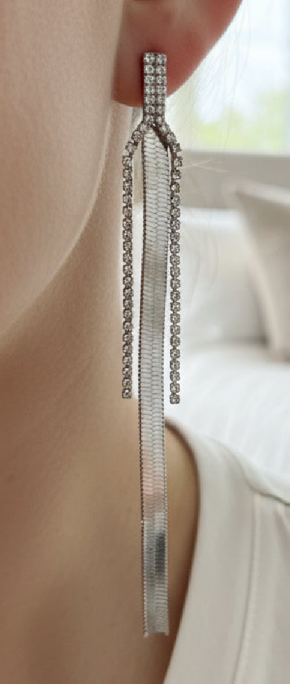 Silver Rhinestone Tassel Earrings