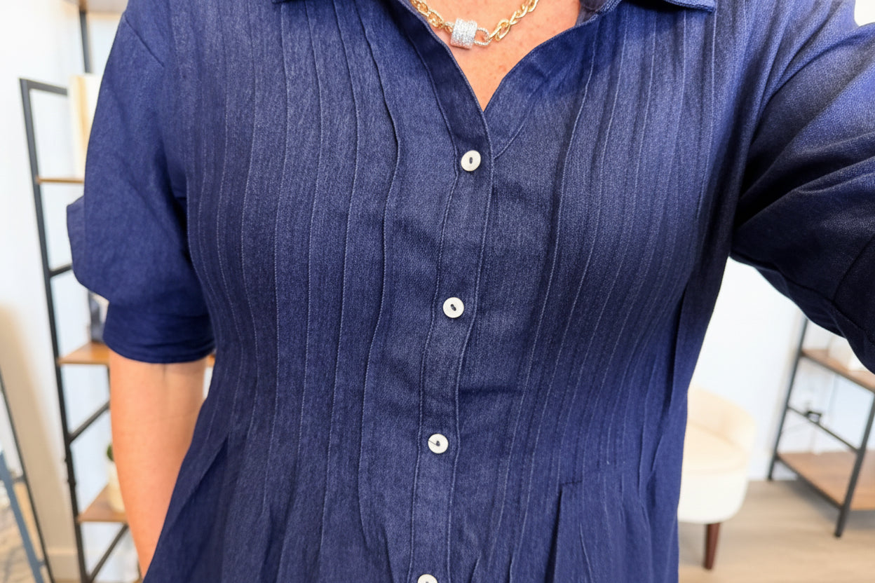 Dark Denim Pintuck Puff Sleeve Top