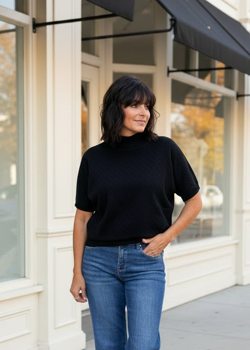 Mock Neck Pointelle Short Sleeve Top