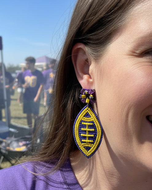 Yellow and Purple Football Beaded Earrings - Jolie Femme Boutique
