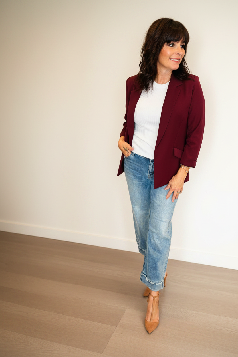 Burgundy Shirred Sleeve Blazer - Jolie Femme Boutique