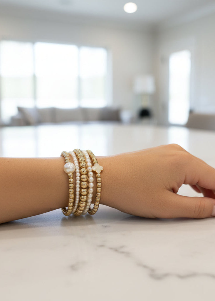 Gold, Pearl & Clover Bracelet Stack Set - Jolie Femme Boutique