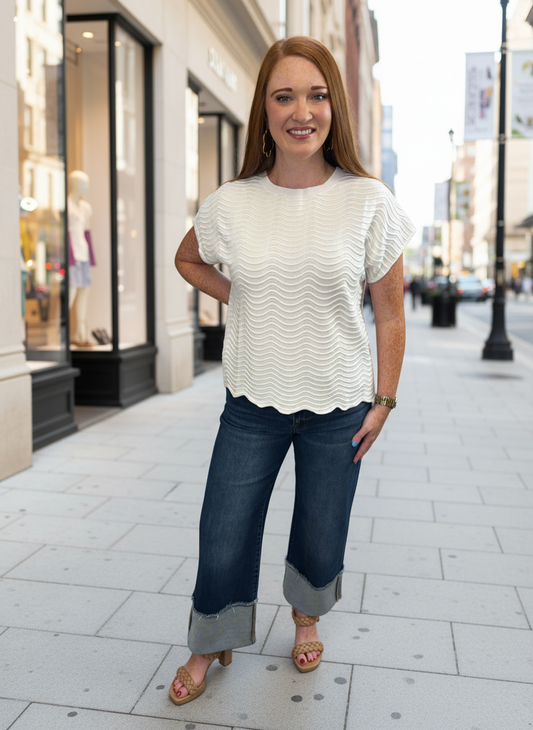 White Scallop Pattern Top - Jolie Femme Boutique