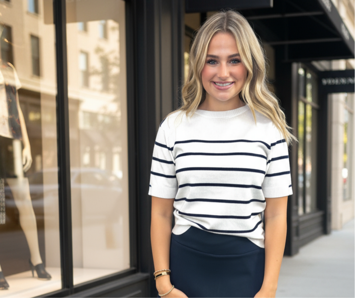 Navy Striped Short Sleeve Preppy Top - Jolie Femme Boutique