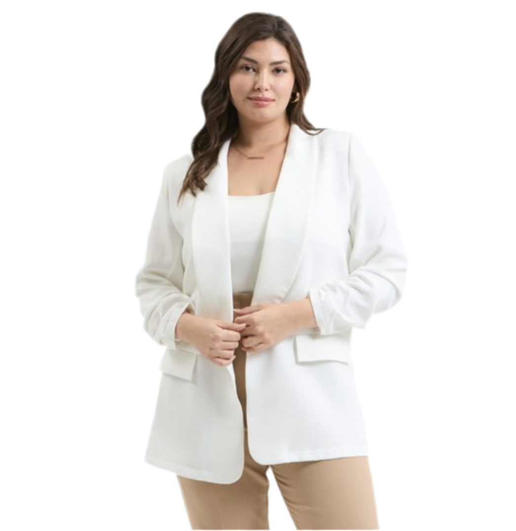 Plus Size Ruched Sleeve White Blazer - Jolie Femme Boutique