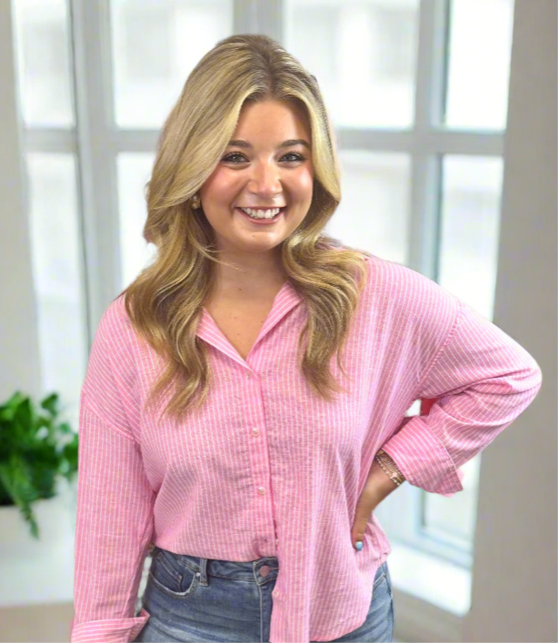 Pink Linen Striped Button Down - Jolie Femme Boutique
