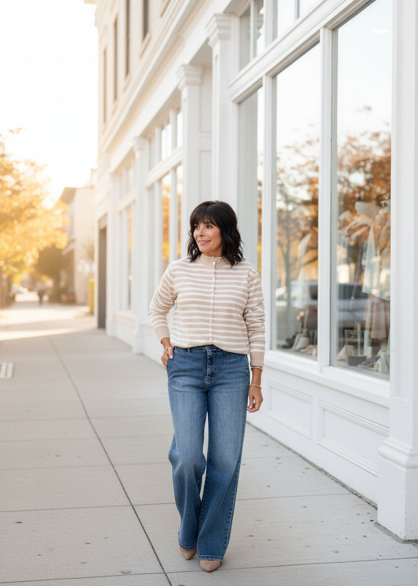 Sand Stripe Fine Gauge Mock Neck Cardigan