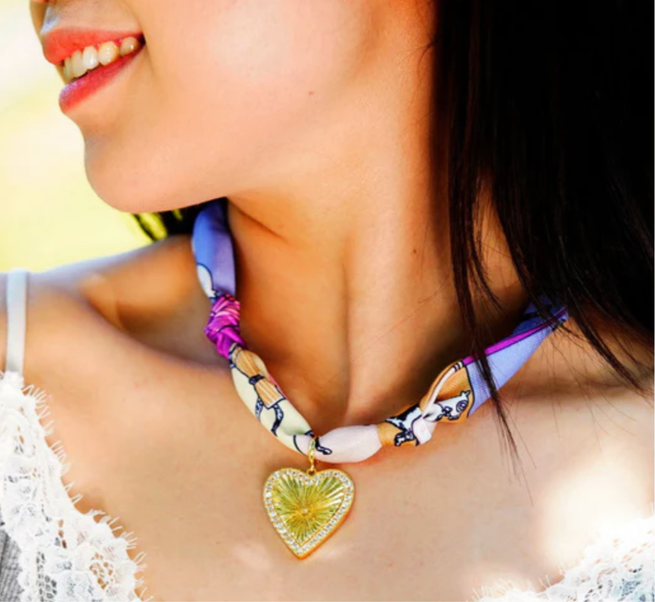 Scarf Necklace W/ Gold Rhinestone Heart Charm