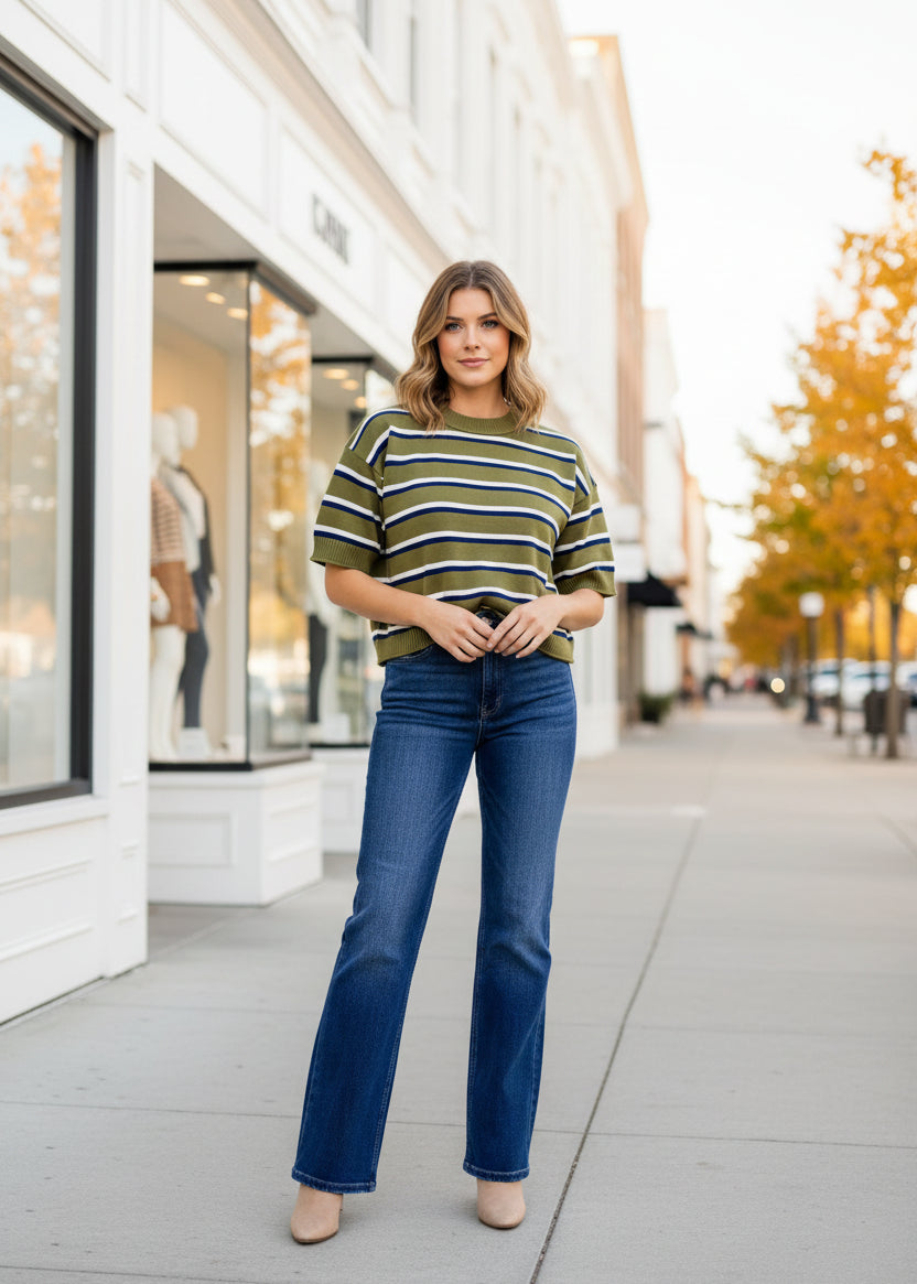 Olive Contrast Stripe Crew Neck Sweater