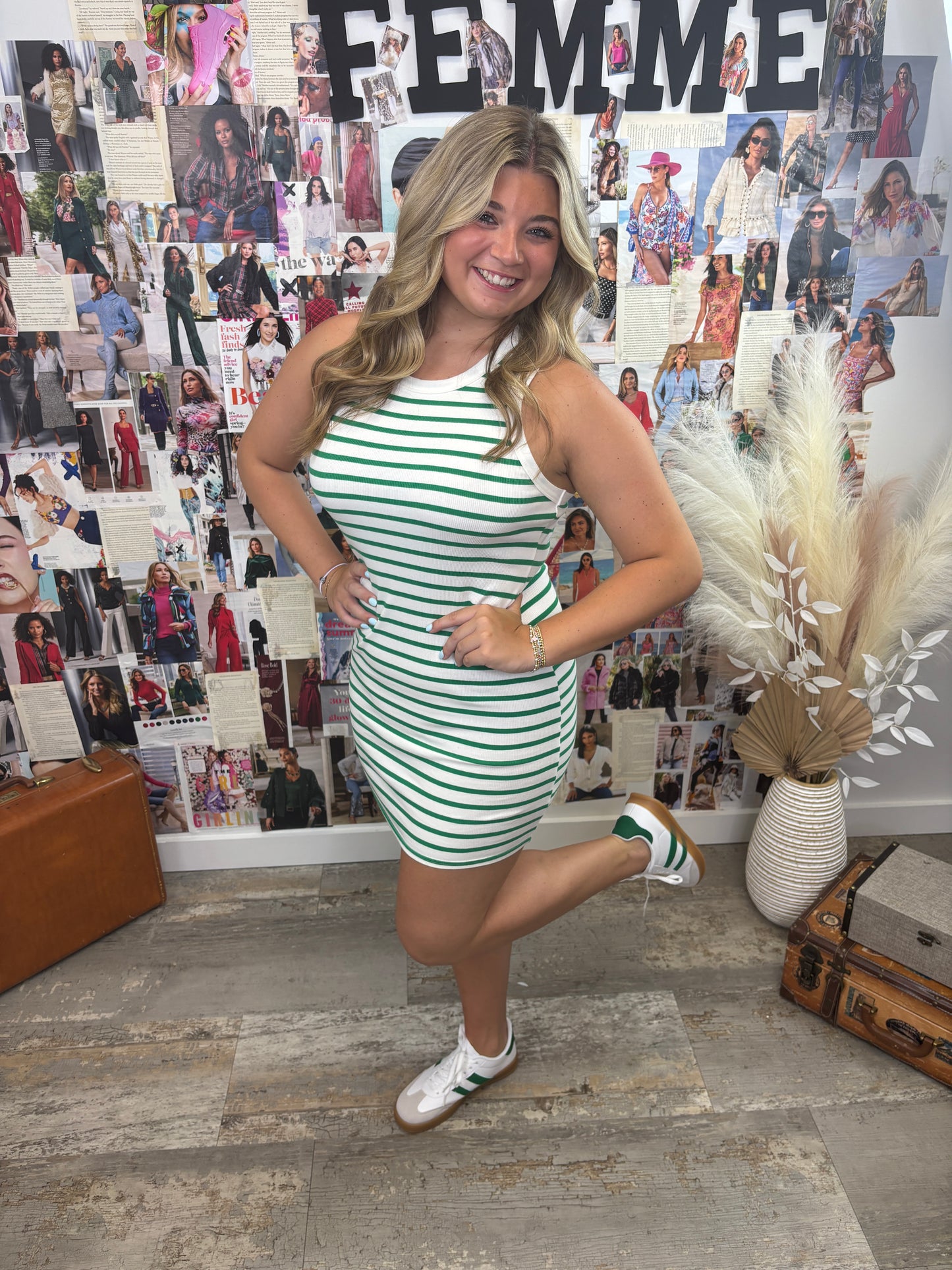 Green&White Stripe Bodycon Dress
