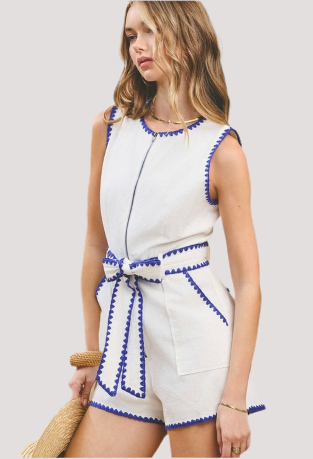 White Romper with Navy Embroidered Trim