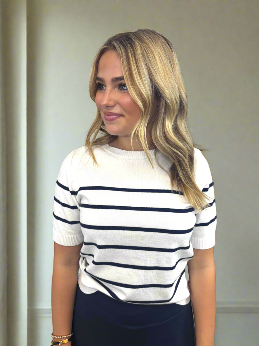 Navy Striped Short Sleeve Preppy Top - Jolie Femme Boutique