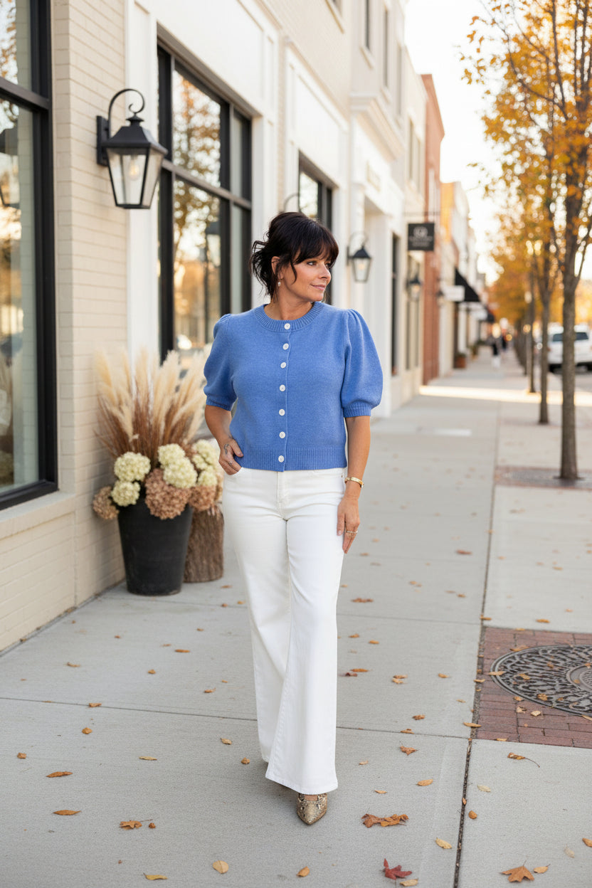 Blue Puff Sleeve Button Up Cardigan