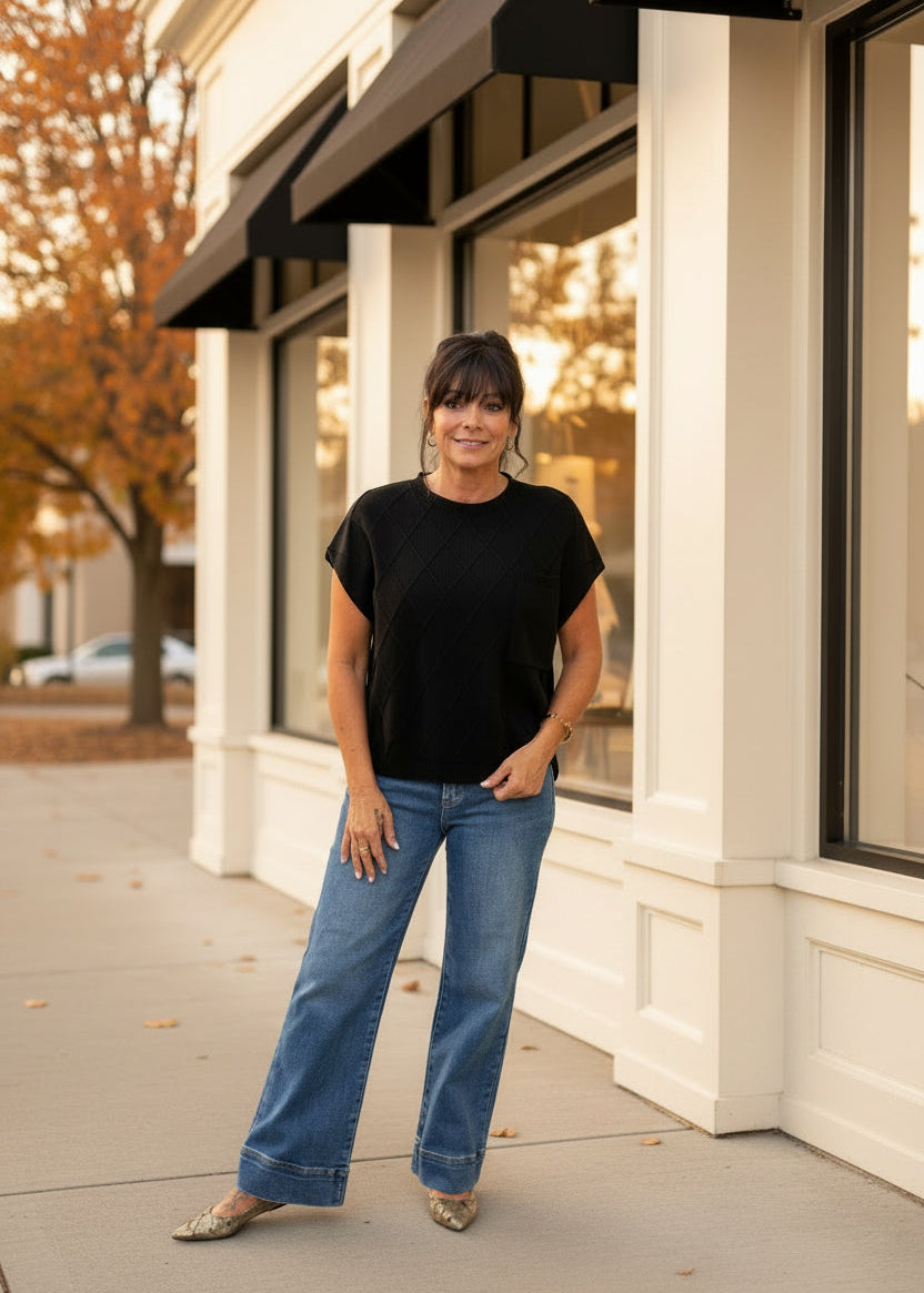 Textured Black Cap Sleeve Top