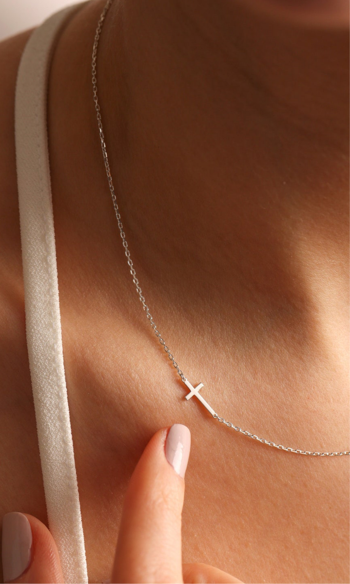 Silver Sideways Cross Necklace
