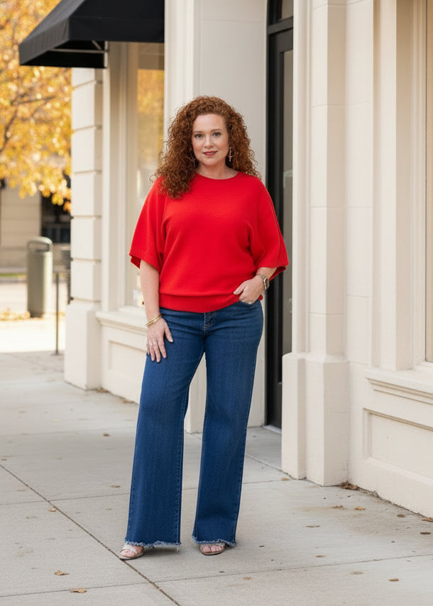 Solid Crew Neck Dolman Knit Top