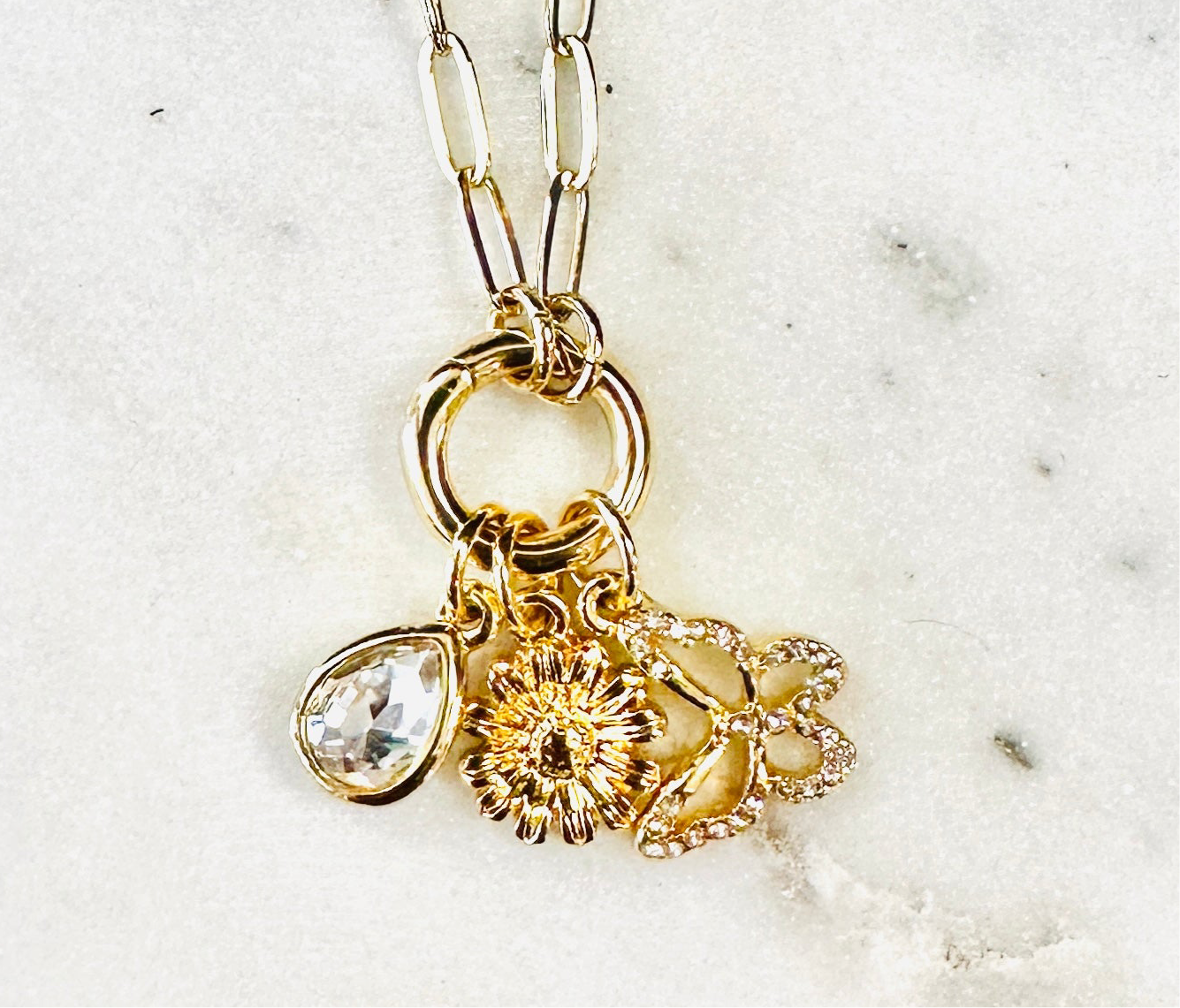 Gold Rhinestone Butterfly Charm Necklace