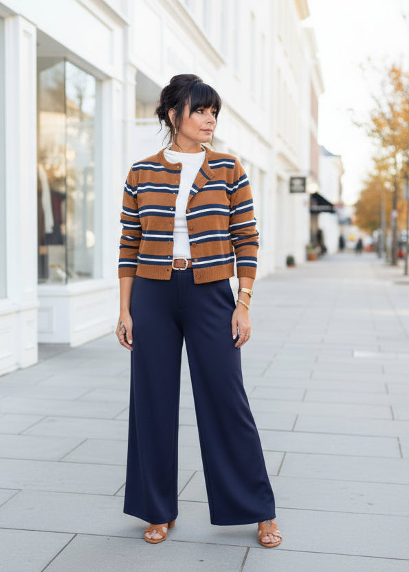 Camel Striped Crewneck Cardigan