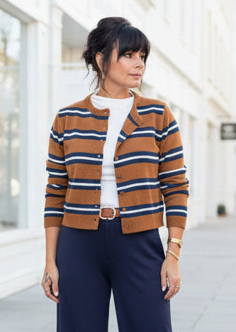 Camel Striped Crewneck Cardigan