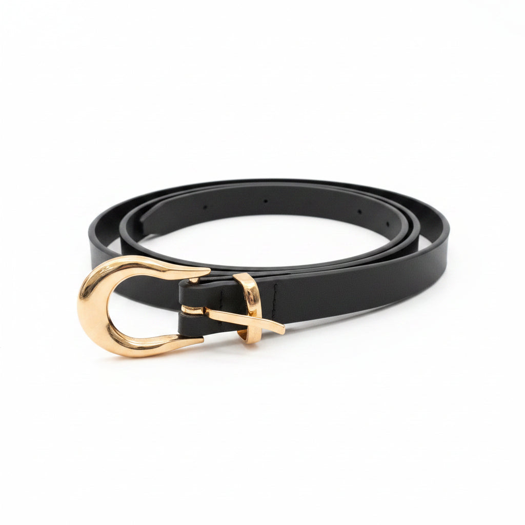 Black Vegan Leather Belt with Gold Round Buckle