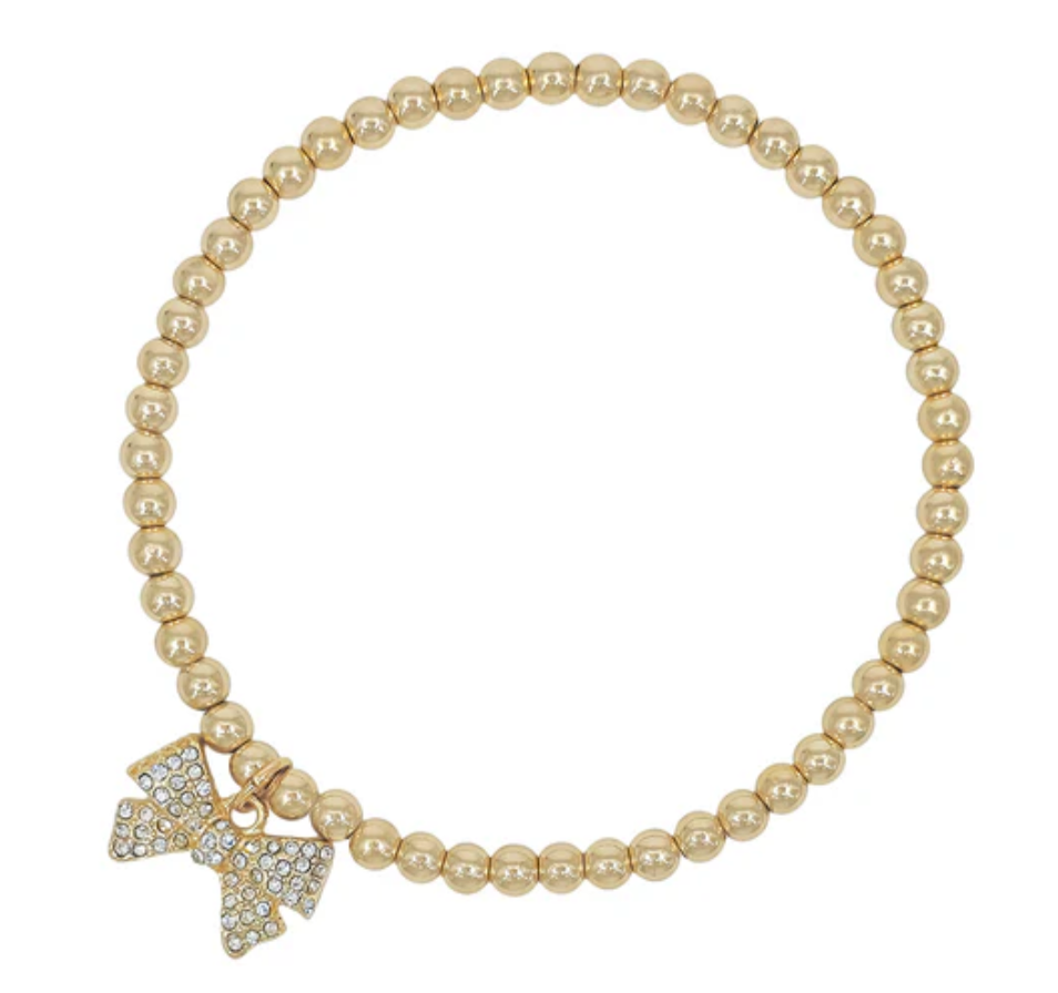 Gold Beaded Bracelet W/ Rhinestone Bow Charm - Jolie Femme Boutique