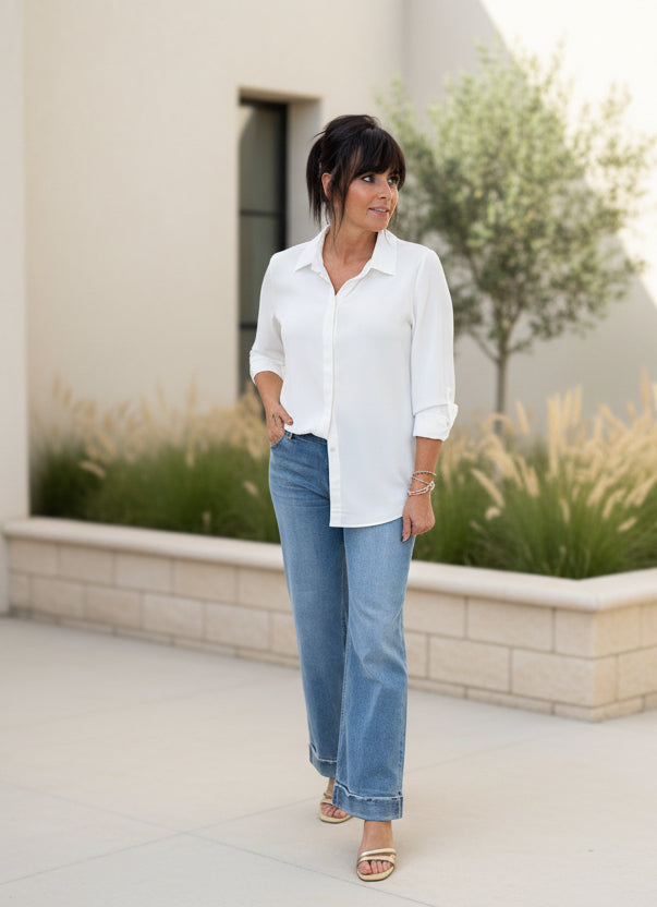 Off White Long Sleeve Button Up - Jolie Femme Boutique
