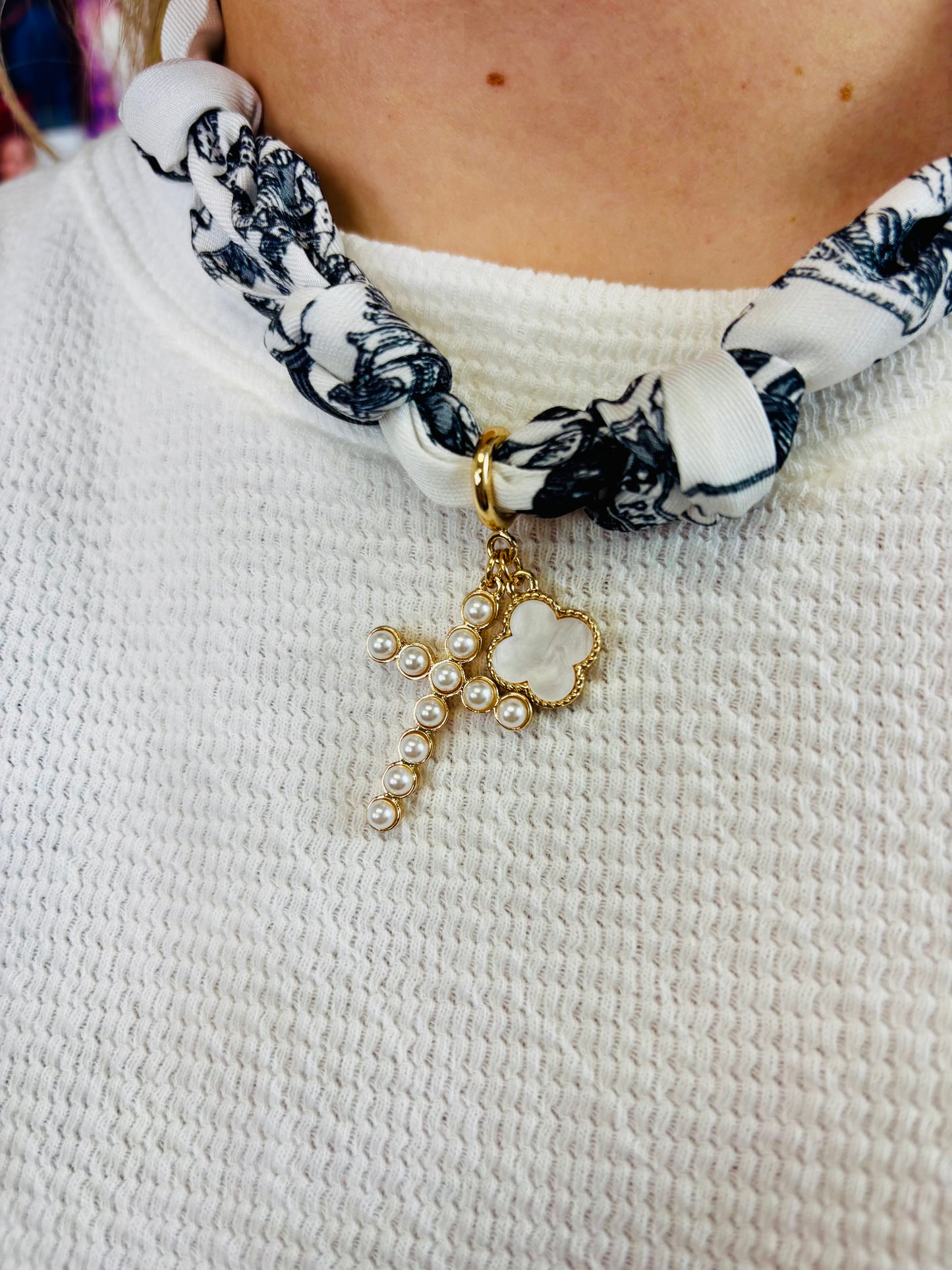 Scarf Necklace W/Pearl Cross and Pearlized Clover Charm - Jolie Femme Boutique