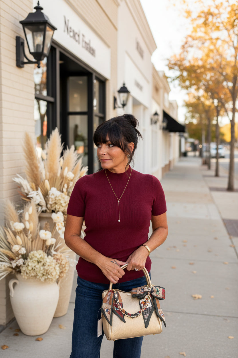 Burgundy Ribbed Mock Neck Top