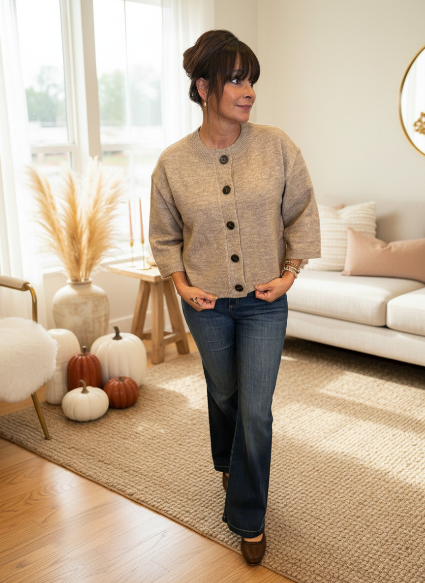 Mocha Half Sleeve Button Down Cardigan - Jolie Femme Boutique