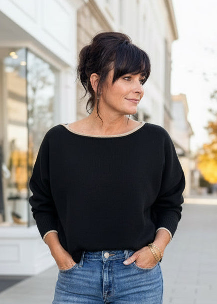 Black Contrast Trim Boat Neck Sweater