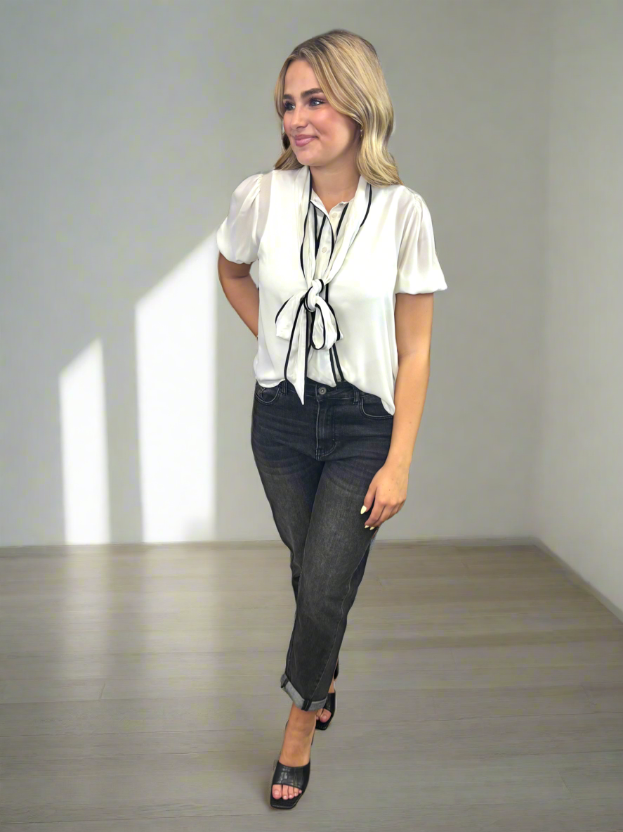 Contrast Trim Bow Tie Top - Jolie Femme Boutique
