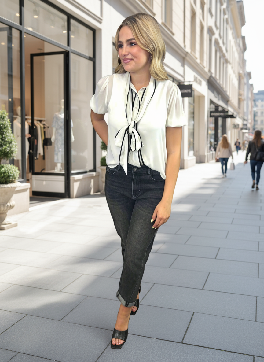 Contrast Trim Bow Tie Top - Jolie Femme Boutique