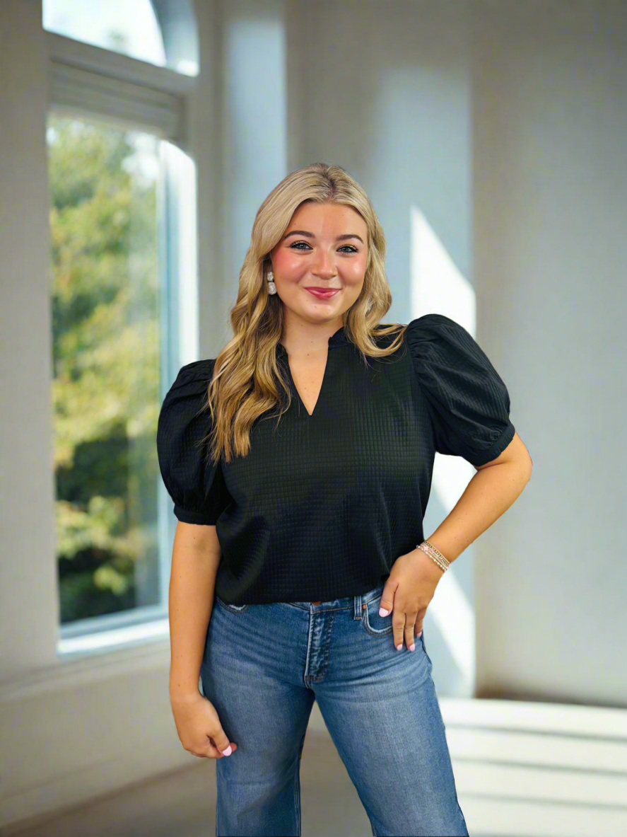 Black Ruffle V-Neck Puff Sleeve Top - Jolie Femme Boutique
