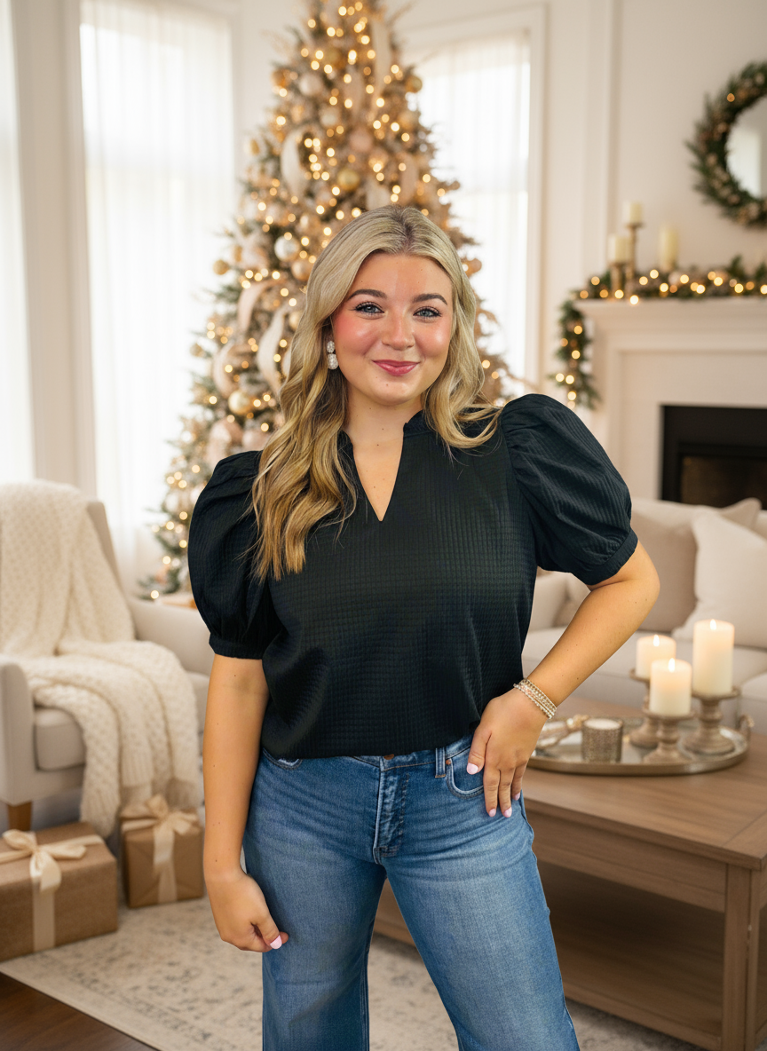 Black Ruffle V-Neck Puff Sleeve Top - Jolie Femme Boutique