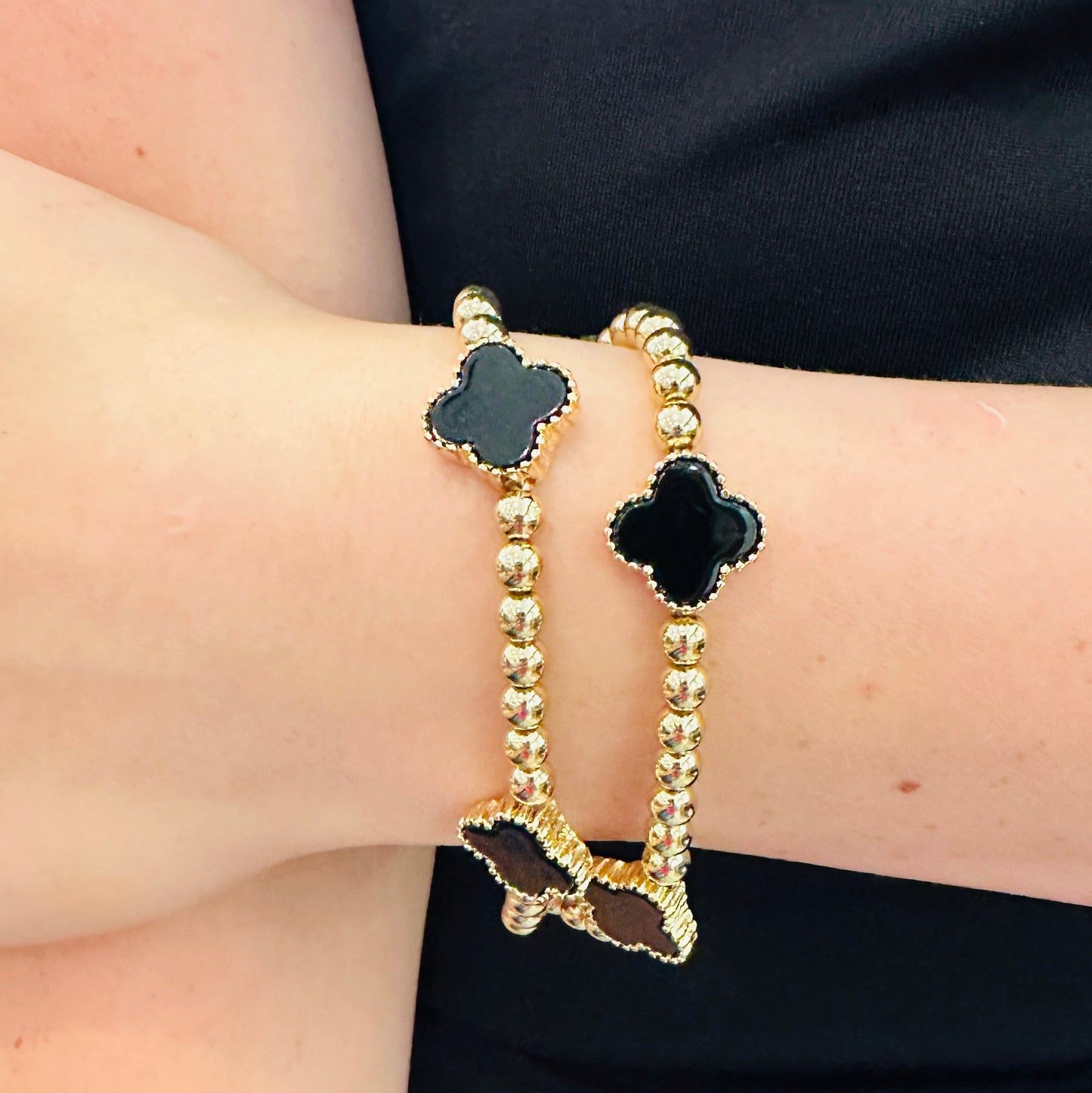 3MM Black Clover Beaded Stretch Bracelet - Jolie Femme Boutique