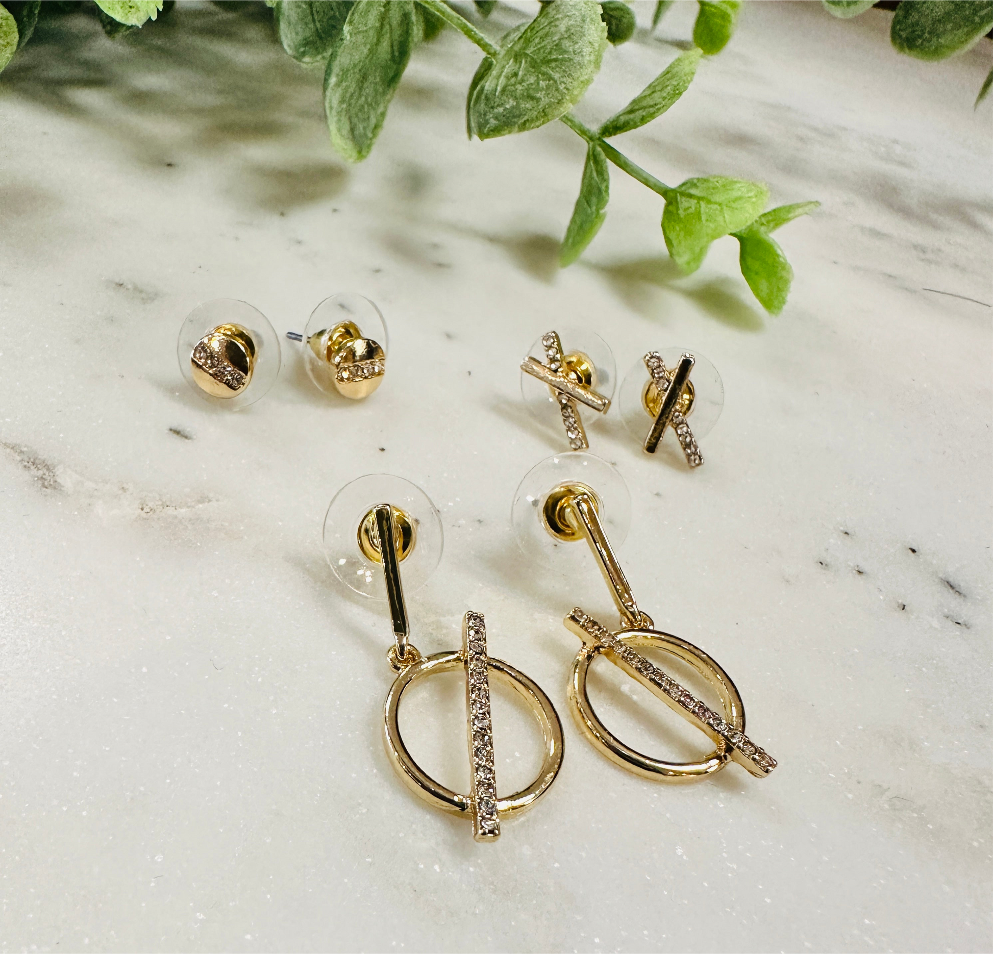 Gold Rhinestone Trio Earrings - Jolie Femme Boutique