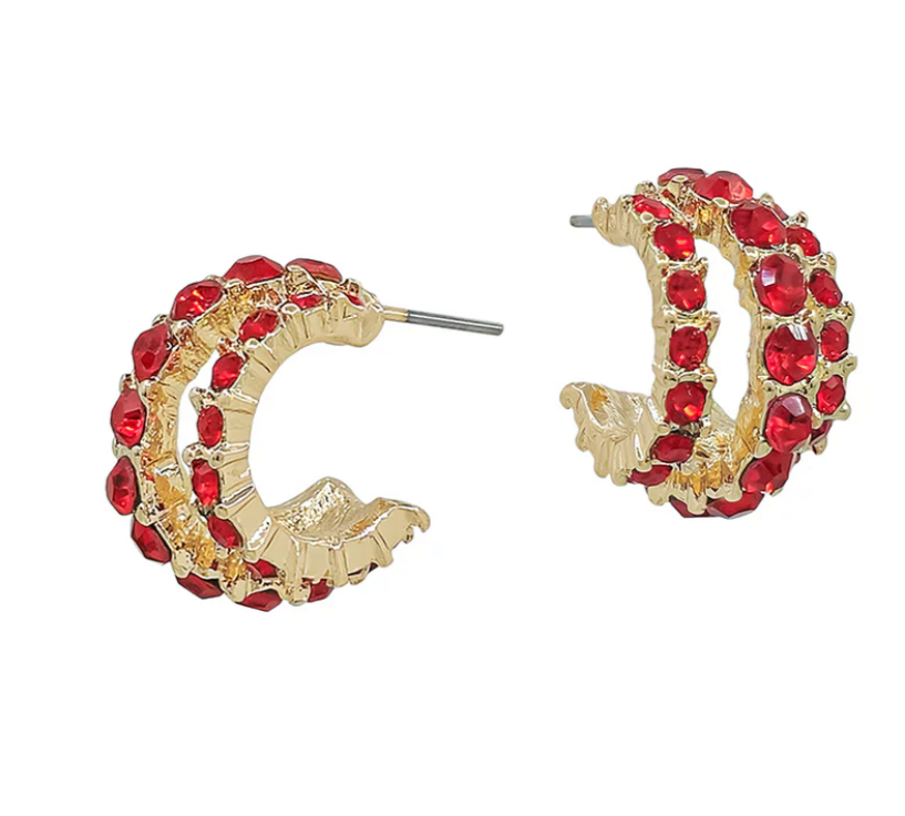 Three Row Red Rhinestone Hoop Earring - Jolie Femme Boutique