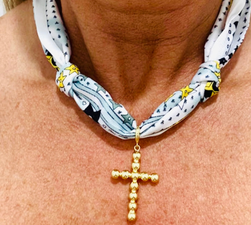 Pink, Navy and White Scarf with Bubble Cross Necklace