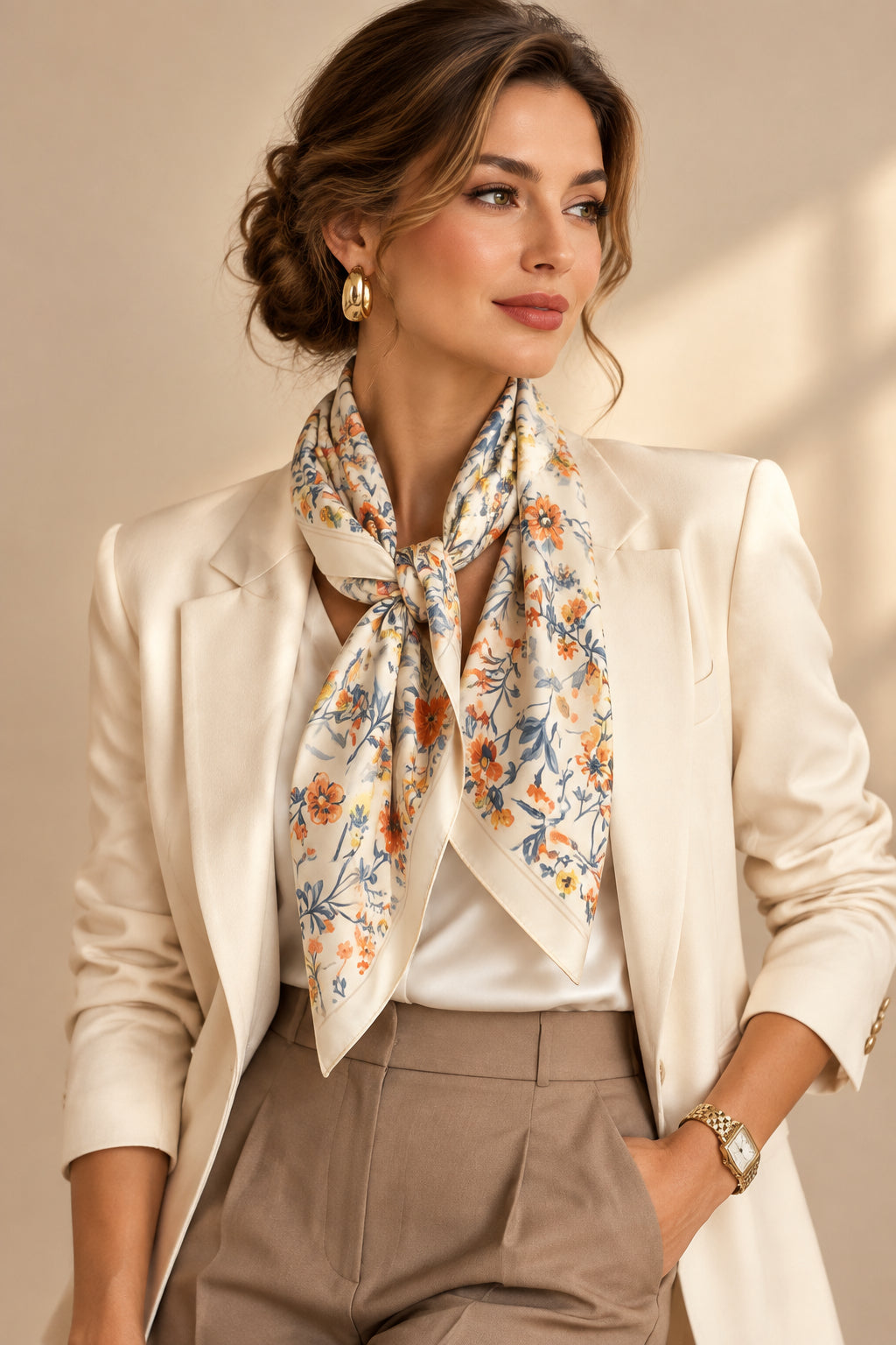 Beige Floral Silky Bandana Scarf