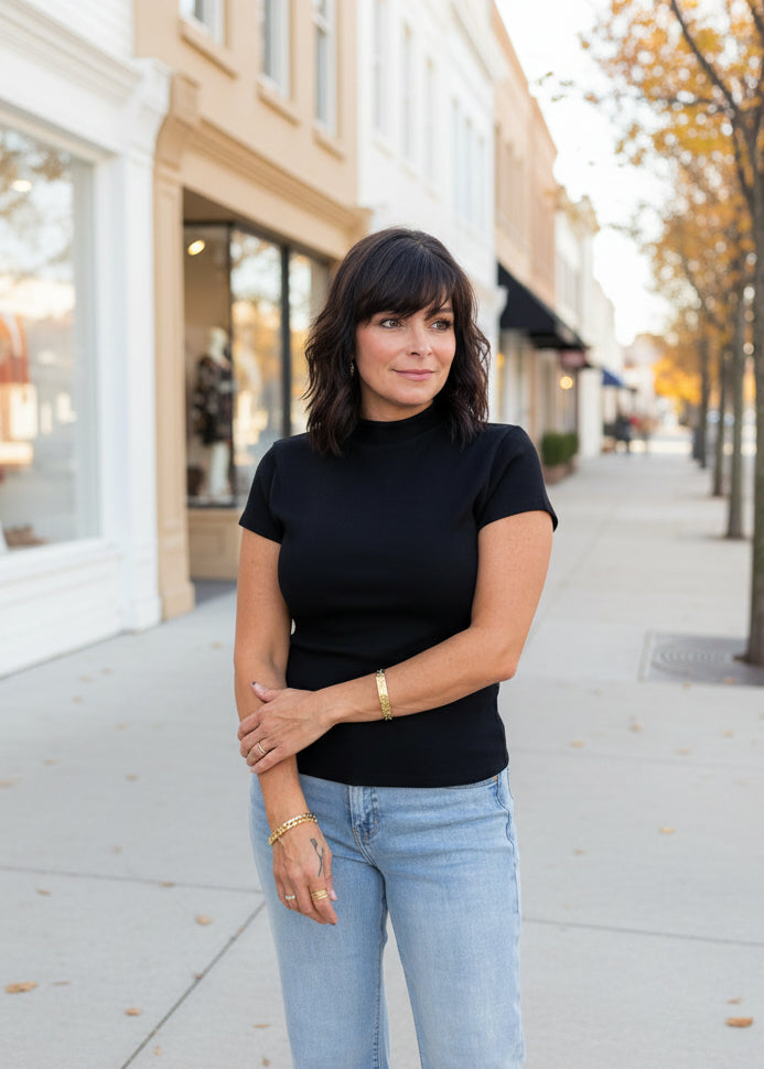 Fitted Mock Neck Cap Sleeve Top