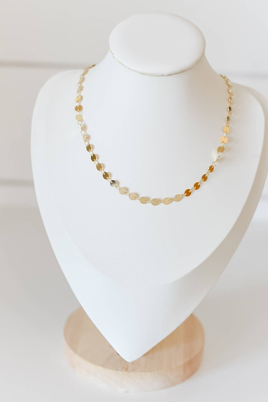 Bella Rey jewelry 18k gold plated disc necklace with a polished circular pendant on a delicate chain