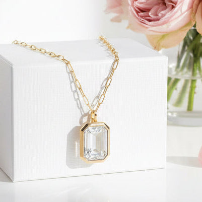 JOSSLYN by wall to wall - 18K STAINLESS STEEL TARNISH FREE SQUARE NECKLACE | 40NK9653 - CRYSTAL - Jolie Femme Boutique