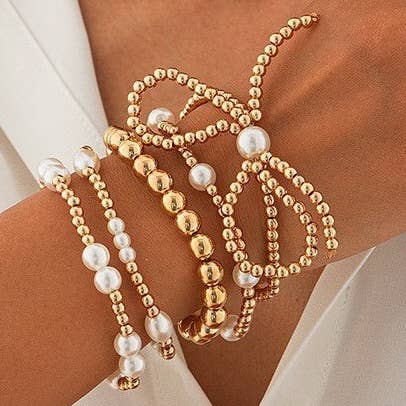 JOSSLYN by wall to wall - MULTI LAYER BALL CHAIN BEAD PEARL BOW BRACELET | 40B5135 - Gold - Jolie Femme Boutique