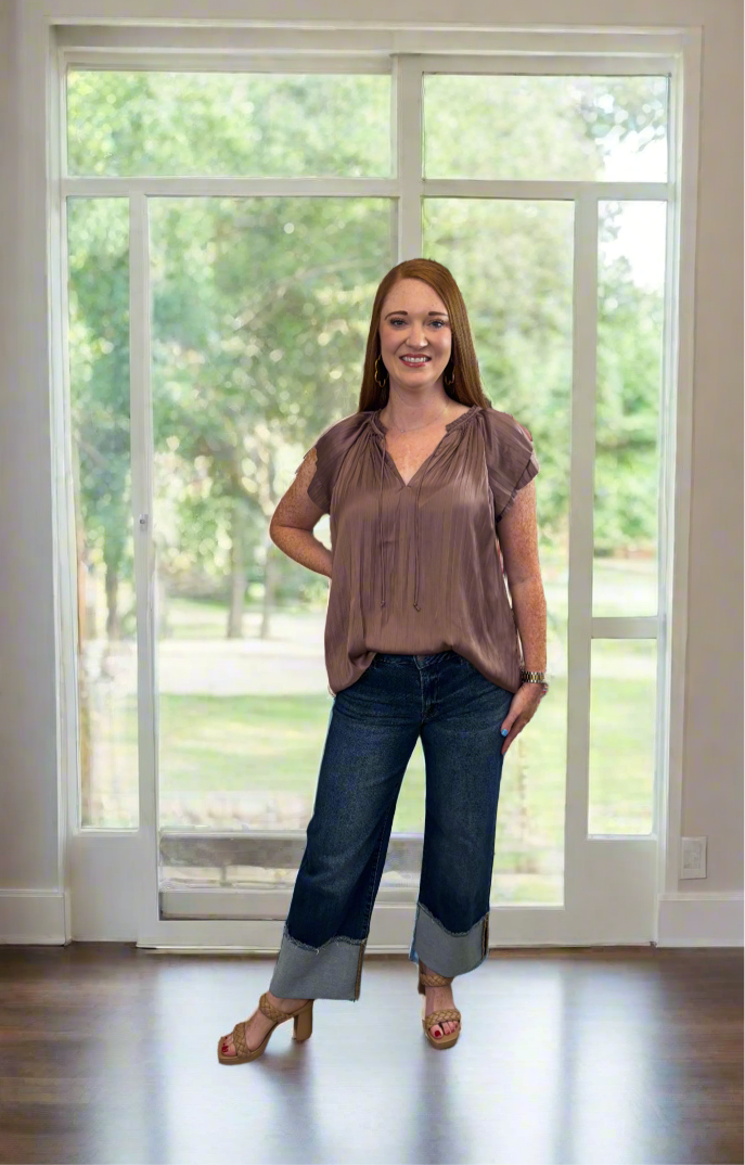 Mauve Flutter Sleeve Satin Blouse - Jolie Femme Boutique
