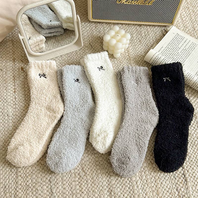 MKS America - Fluffy Bow Ribbon Coral Fleece Socks - BlueGrey / M - Jolie Femme Boutique