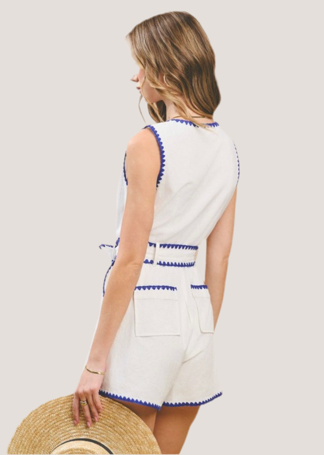 White Romper with Navy Embroidered Trim