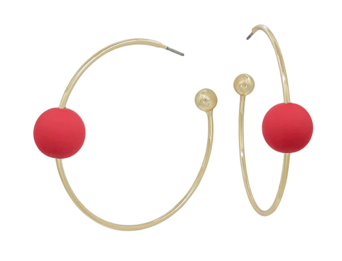 Gold Hoop W/Red Beaded Earring - Jolie Femme Boutique