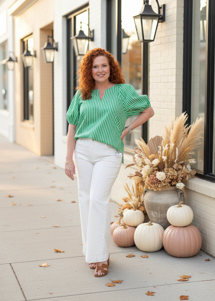 Green & White Stripe Puff Sleeve Blouse